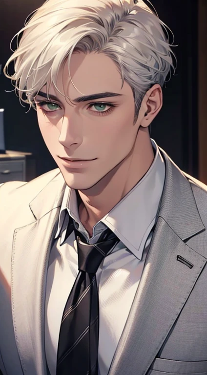 (Highest quality,4K,8K,High resolution,masterpiece:1.2),Super detailed,(Realistic,photoRealistic,photo-Realistic:1.37),1 personld,Mature Men,Beautiful skin、very handsome,Expressionless smile in love,Short white hair,green eyes,Sharp Eyes,A perfect face without a doubt,Businessman, CEO, Office Background,Cinema Lighting,HDR image,tie、