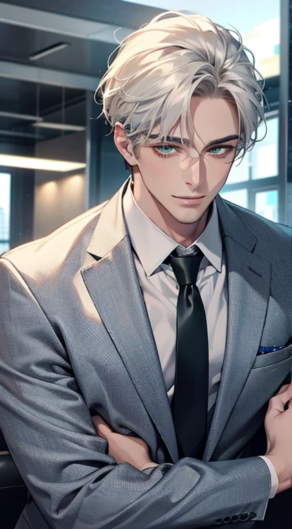 (Highest quality,4K,8K,High resolution,masterpiece:1.2),Super detailed,(Realistic,photoRealistic,photo-Realistic:1.37),1 personld,Mature Men,Beautiful skin、very handsome,Expressionless smile in love,Short white hair,green eyes,Sharp Eyes,A perfect face without a doubt,Businessman, CEO, Office Background,Cinema Lighting,HDR image,tie、