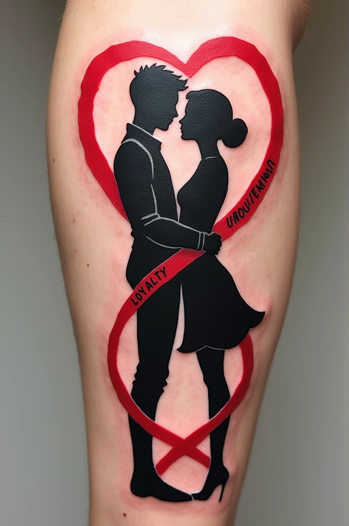 Red thread couple tattoo with the word Loyalty embedded