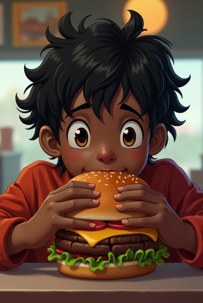  dark skinned teenager with short wavy black hair and brown eyes eating hamburger

