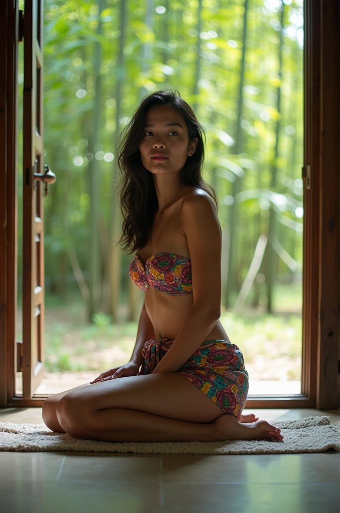 A film roll of a Thai woman wearing a sarong with a tube top posing in a sitting position, beginning to take a shower in an open area near a bamboo grove.