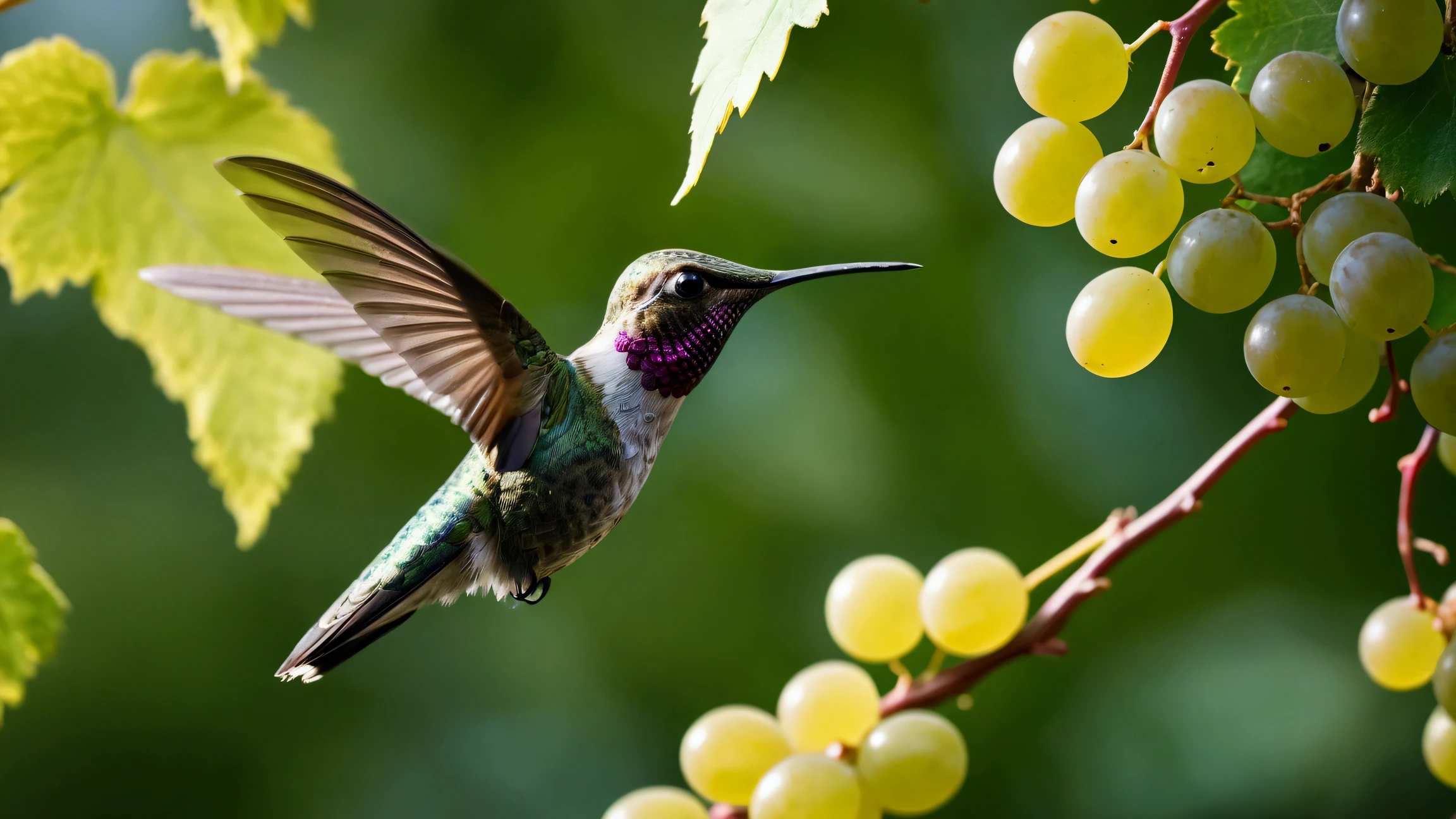 Ultra-high-definition 8K close-up photo of a hummingbird captured in motion, wings spread as it approaches a grapevine branch. The bird is in a beautiful pose, surrounded by lush green leaves and clusters of nearly ripe grapes.