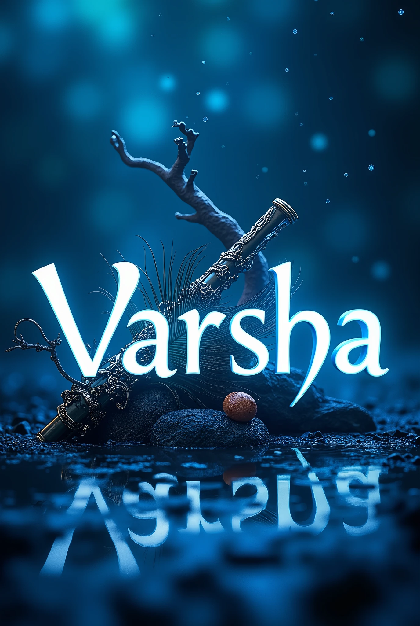 The name "varsha" clearly writen in white colour bold font. The above it is placed a twisted decorative flute and peacock feather blue lights side show effect with raining water drops on later.