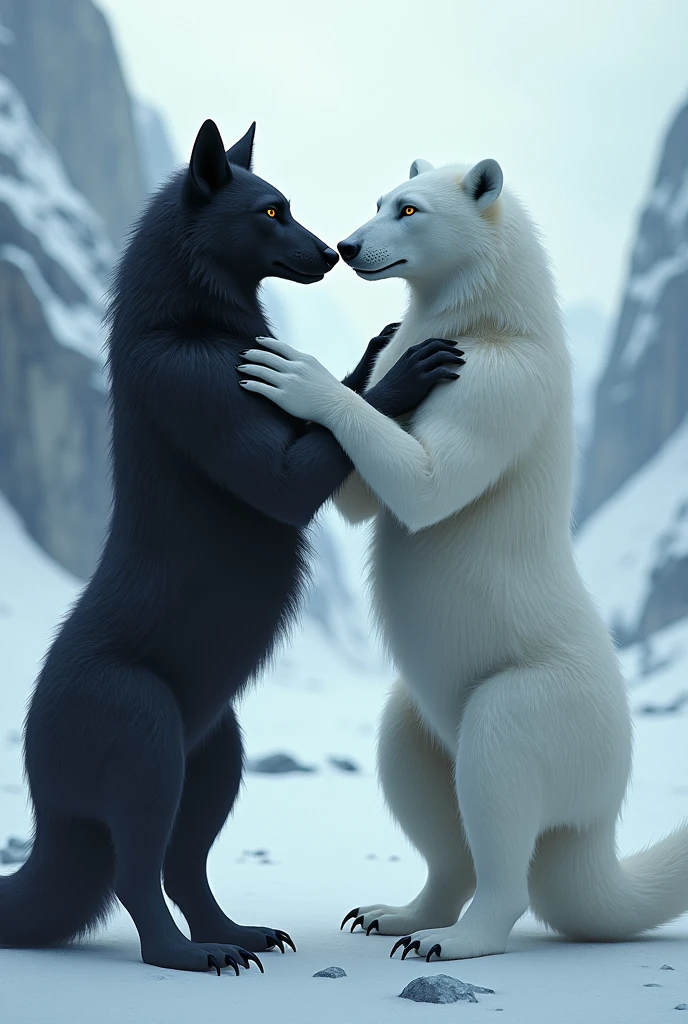 A couple formed by a black wolf and a white polar bear