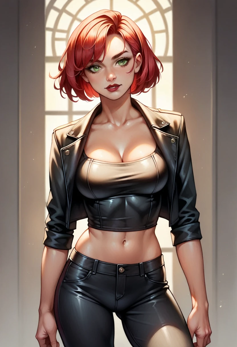 (high-level image quality), (high quality), (high resolution), (detailed), (masterpiece), beautiful woman, ((caucasian)), green eyes, red hair, short hair, dark red lipstick, black top, leather jacket, leather pants, portrait,