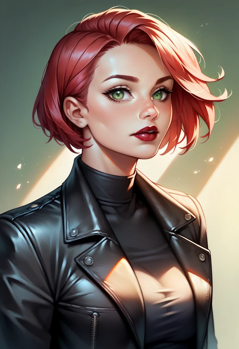 (high-level image quality), (high quality), (high resolution), (detailed), (masterpiece), beautiful woman, ((caucasian)), green eyes, red hair, short hair, dark red lipstick, black top, leather jacket, leather pants, portrait,