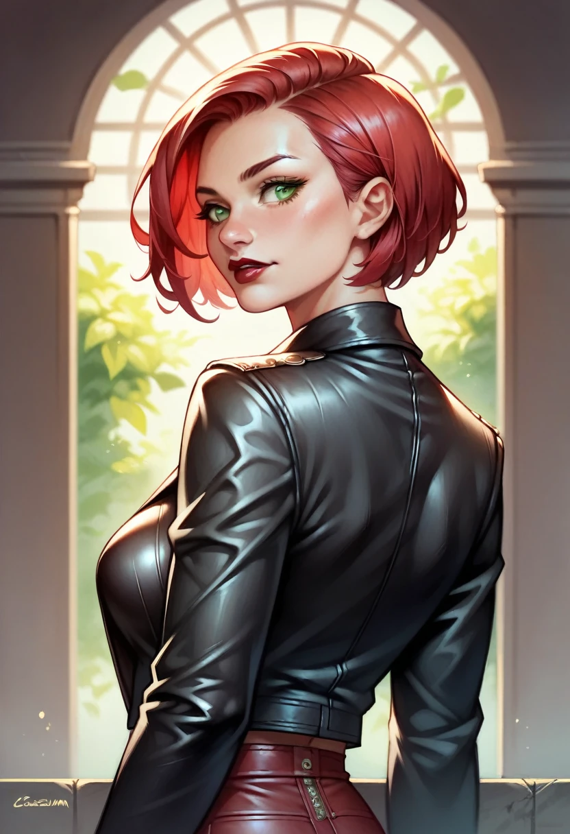 (high-level image quality), (high quality), (high resolution), (detailed), (masterpiece), beautiful woman, ((caucasian)), green eyes, red hair, short hair, dark red lipstick, black top, leather jacket, leather pants, portrait,
