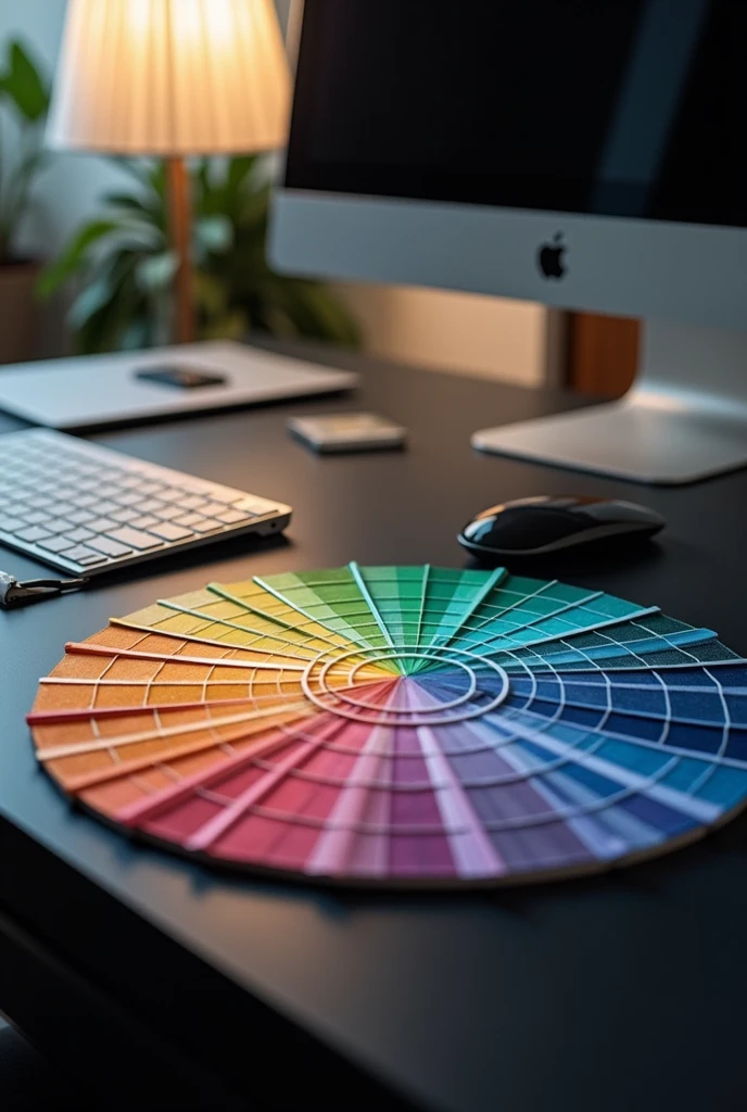 Generate a color wheel photo of color palette on a black minimalist table background , with a computer in the digital marketing scenario with a black style