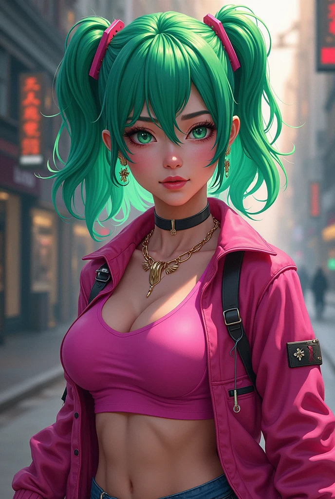 there is a woman with green hair and a pink top, akali, jinx from arcane, jinx from league of legends, senna from league of legends, akali from league of legends, haruno sakura, anime girl cosplay, portrait knights of zodiac girl, samira from league of legends, portrait of jinx from arcane, cosplay, anime cosplay