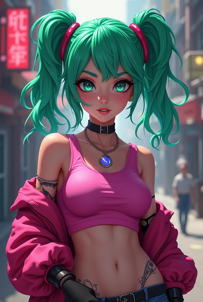 there is a woman with green hair and a pink top, akali, jinx from arcane, jinx from league of legends, senna from league of legends, akali from league of legends, haruno sakura, anime girl cosplay, portrait knights of zodiac girl, samira from league of legends, portrait of jinx from arcane, cosplay, anime cosplay