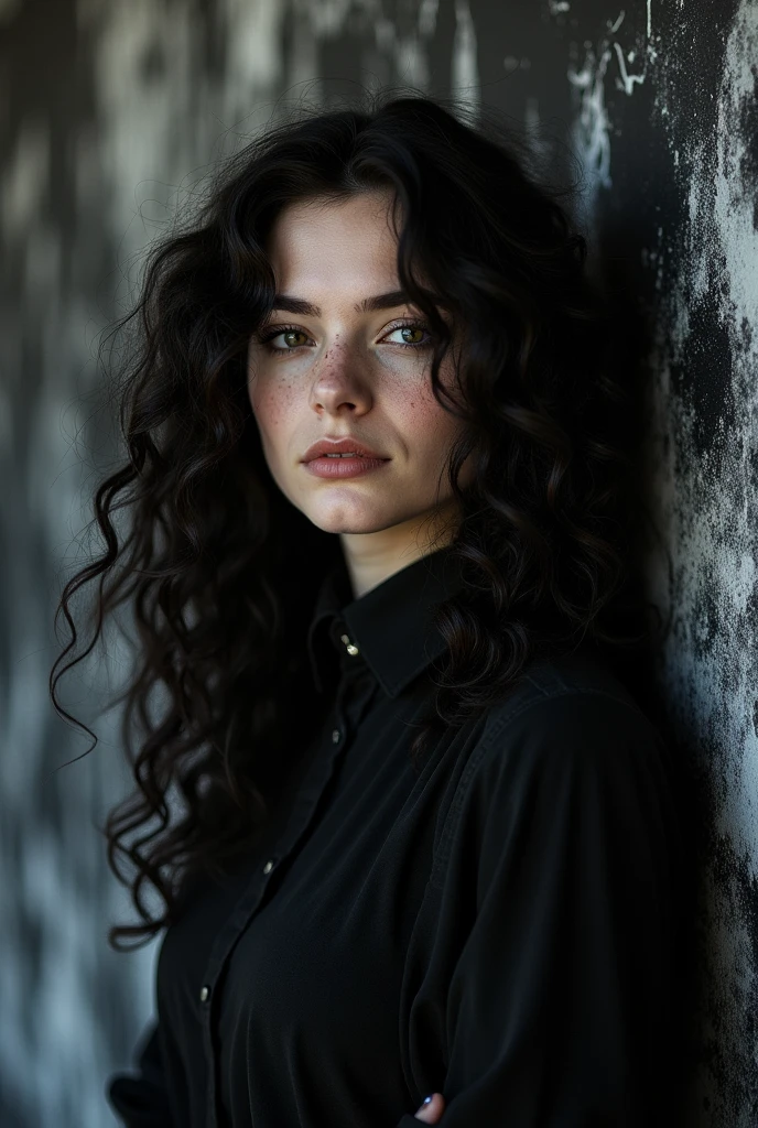gorgeous young goth curly woman, discrete smile, high contrast colors, fluid dark pattern painting background, black white background, natural light, street photography