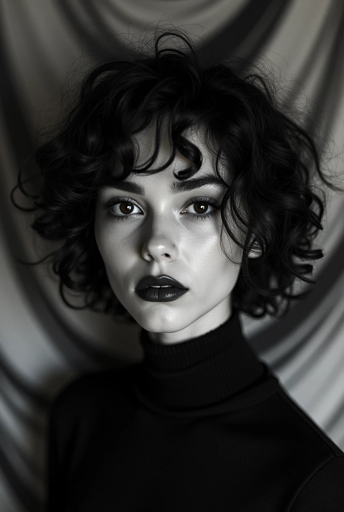 gorgeous young goth curly woman, discrete smile, high contrast colors, fluid dark pattern painting background, black white background, natural light, street photography
