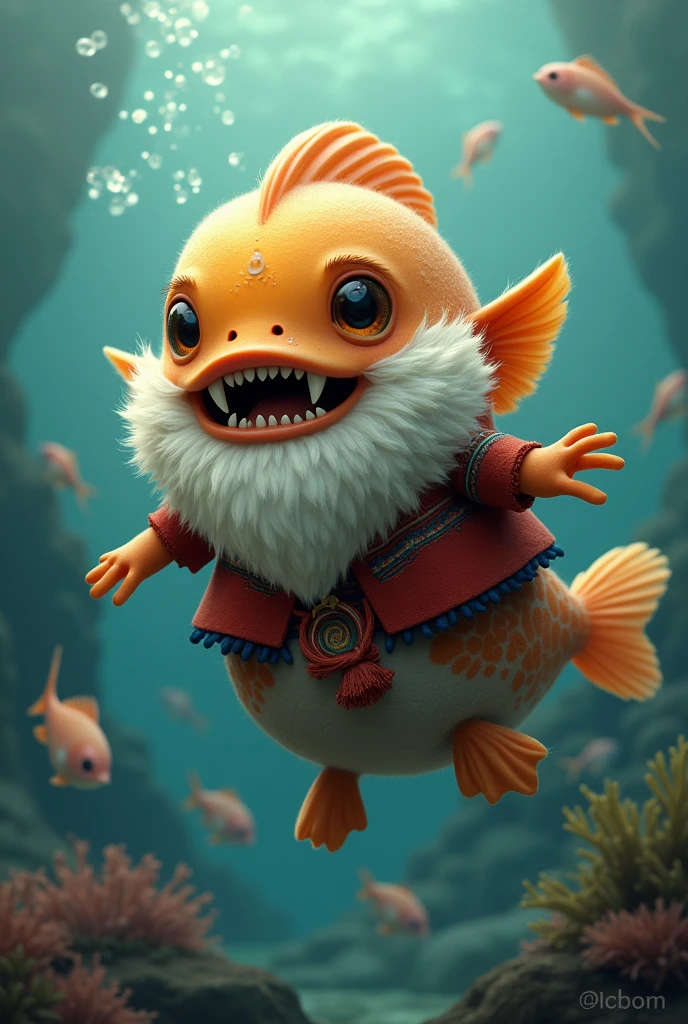  Generate a mohan or a fish with a giant beard and large fangs and humanoid form that is cute and tender with typical clothing from the Andean region and that lives in the water with the other fish 