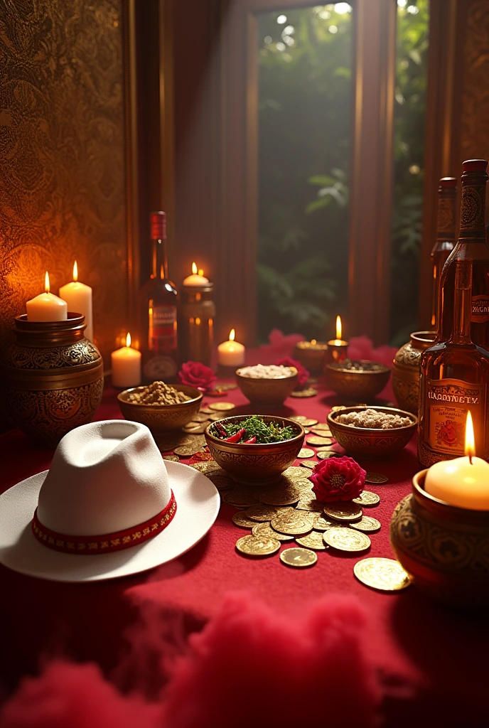 Luxury cabaret, with lots of details, full of gold and in the middle several macumba works, umbanda, clay bowl, clay bowls with farofa,  chili pepper, red roses , dados, gold-coins, white and red candles lit and melted, bottles of whiskey and bottles of beer, red smoke at the bottom of the image, a white Panama hat with a red band, without any person, cabaret, African matrix, umbanda, money, farinha 
