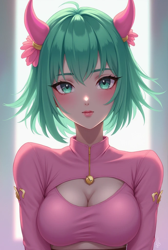 there is a woman with green hair and a pink top, a pastel inspired by Hirosada II, trending on deviantart, conceptual art, akali, jinx from arcane, jinx from league of legends, senna from league of legends, akali from league of legends, haruno sakura, anime girl cosplay, samira from league of legends
