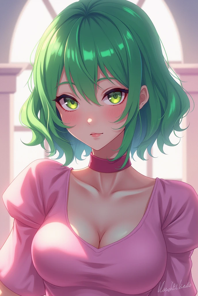 there is a woman with green hair and a pink top, a pastel inspired by Hirosada II, trending on deviantart, conceptual art, akali, jinx from arcane, jinx from league of legends, senna from league of legends, akali from league of legends, haruno sakura, anime girl cosplay, samira from league of legends