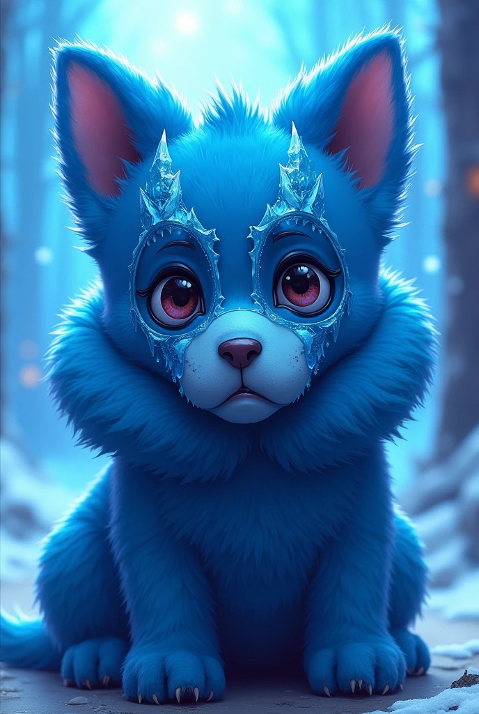 Blue furry dog wearing a coat and mask shaped like Sub-Zero&#39;s in anime style ,with neon blue and light blue color palettes 