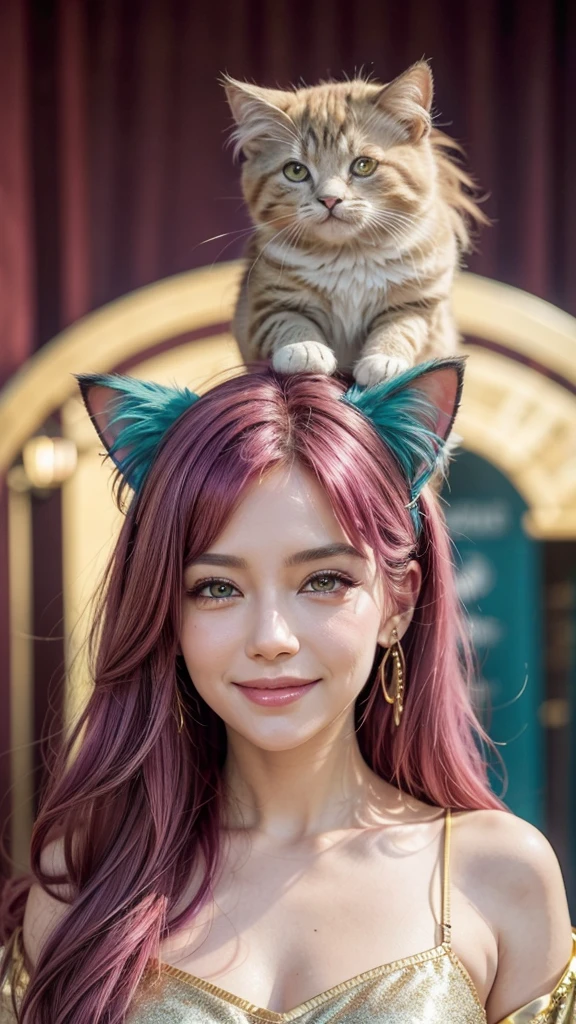 Magenta pink hair, brown eyes, older woman, hair ornaments, cat ears, long hair, smiling face, teal and gold outfit, pretty background, sexy, fashion