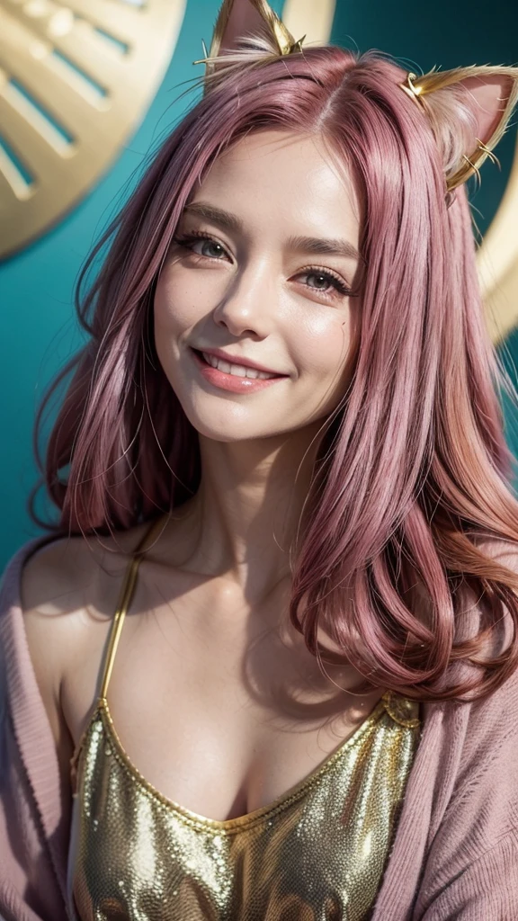 Magenta pink hair, brown eyes, older woman, hair ornaments, cat ears, long hair, smiling face, teal and gold outfit, pretty background, sexy, fashion