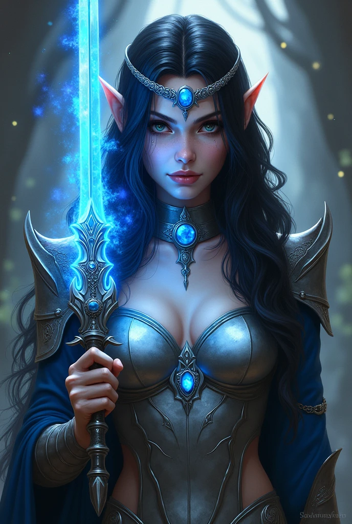A painting of a moon elf set in the world of Dungeons & Dragons. She is a warlock cleric that wears silver armor that holds a moonstone gem in the middle. She wears a circlet branded with a moon symbol. She has long wavy black colored hair with a blue tint to it. She has pale skin and thick pout. She is holding a dagger that has a glowing blue aura around it. In the art style of kohffi from Instagram