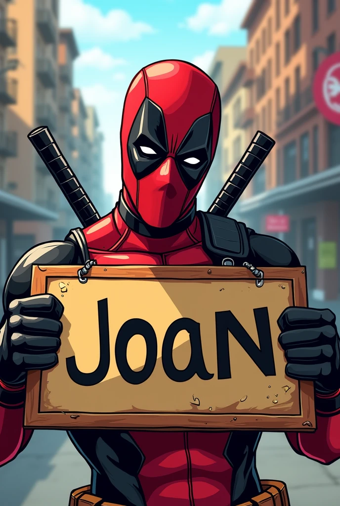 Deadpool with a sign that says Joan 