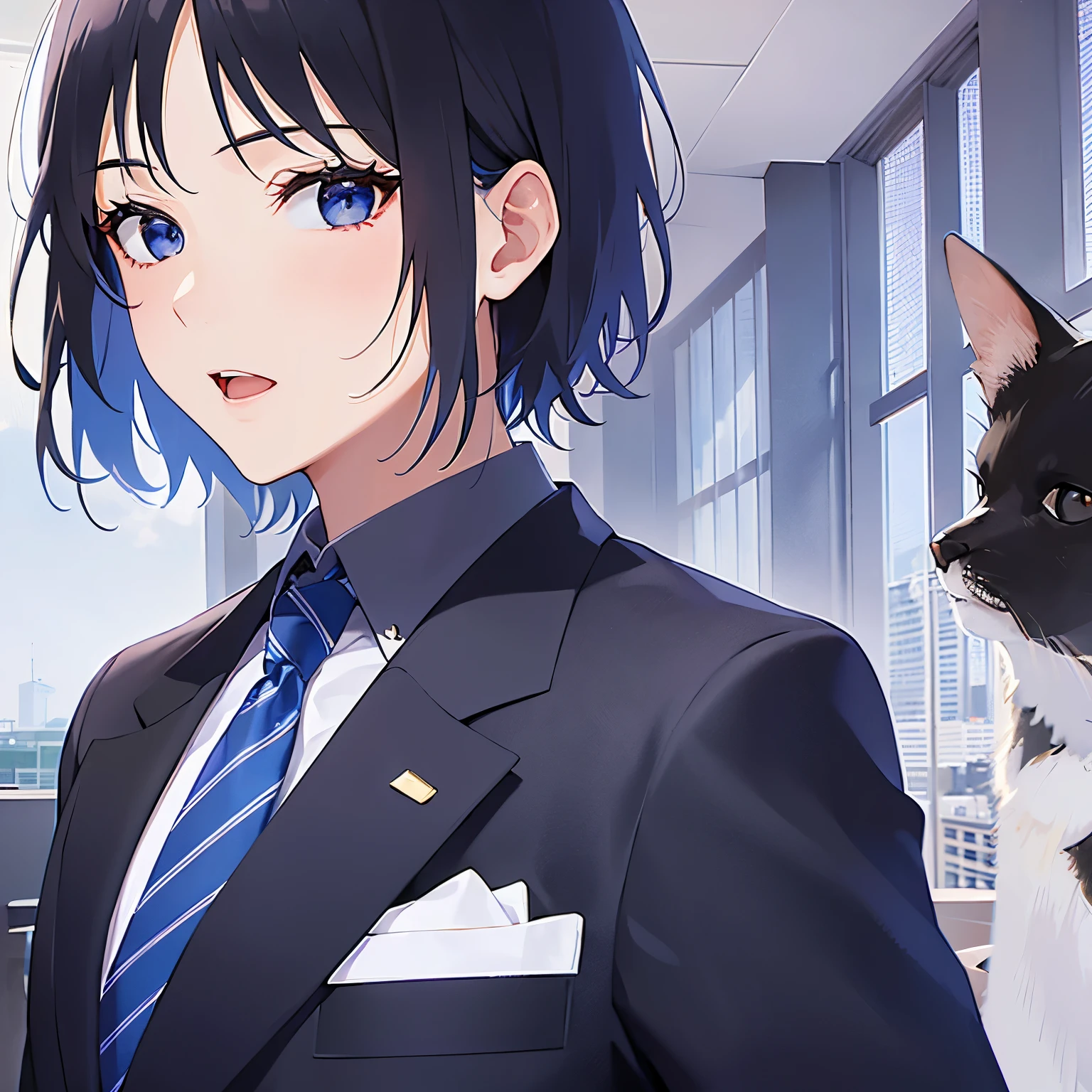 shiny skin, masterpiece、Highest quality、
(2 male:1.5) and (Black short hair) and (blue eyes), 
 (Wearing a suit:1.5) and (Blue tie)、
confused,open mouth,
The background is the conference room、（alone:1.5）