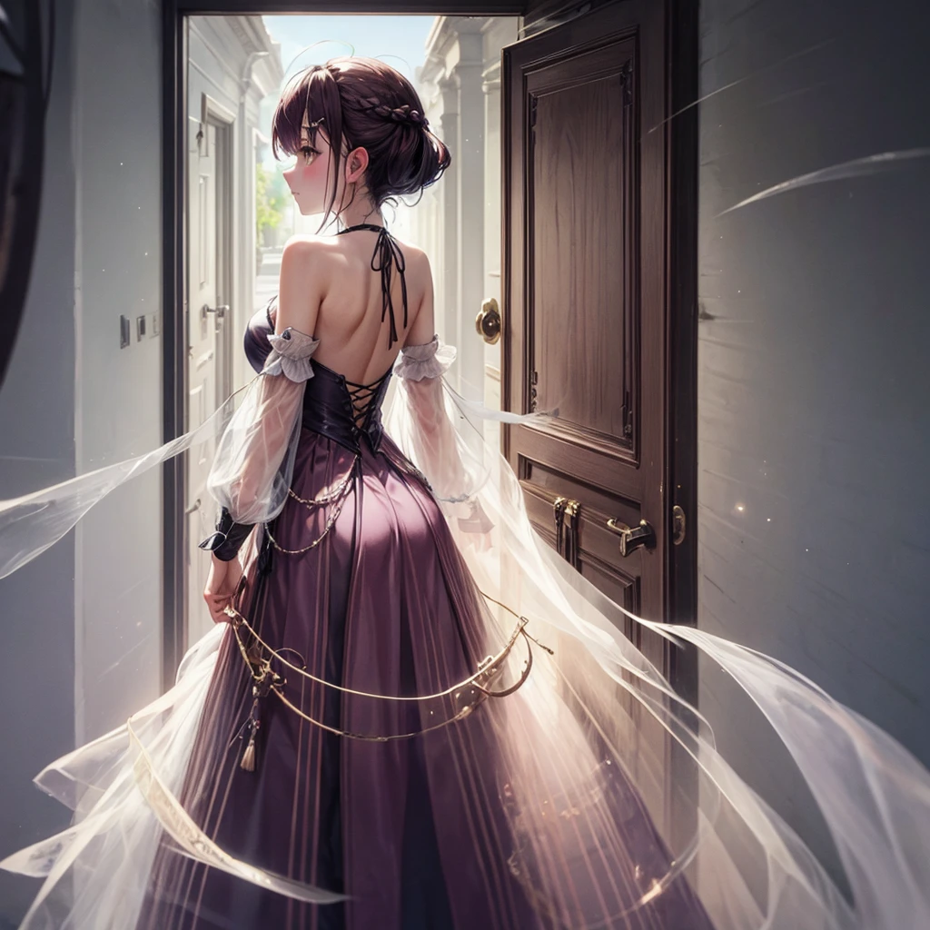 In the dark，There is a gorgeous door of light in the middle，Back，Towards the door of light