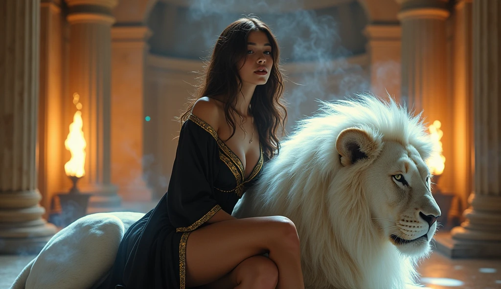 photo of a stunning white girl, She is surrounded by an iridescent aura, black short robe with with golden lace , She is riding a white lion, temple, torches on the walls, Roman pillars, sexy, brunette. large breast