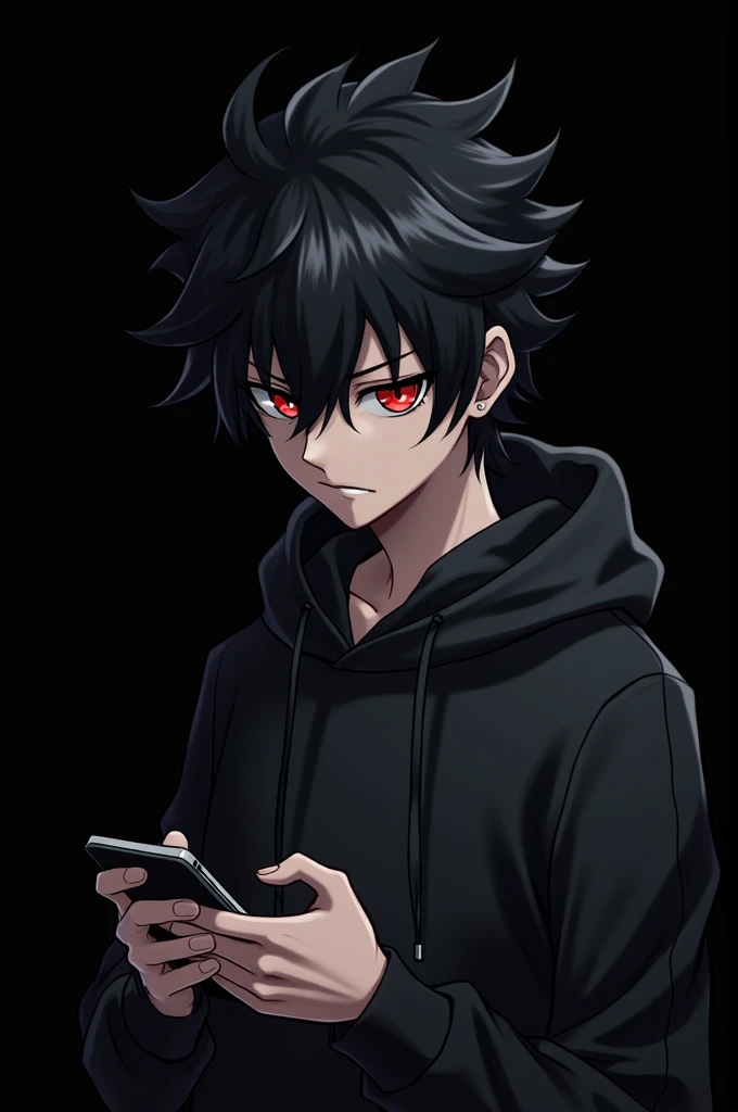 black background , Anime boy involved , Spiky hair , black hair , black hoodie , red eyes , narrowed eye , smirk , schibi , plays phone