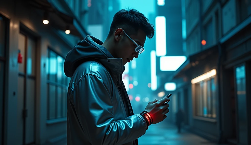 far camera shot, Asian male character stands in front of a square hologram logo with the words "UrBox", character reaches for the device on his wrist, trying to connect. Outfit: Silver jacket, wae glass, strong gestures. Setting: Small alley between cyberpunk buildings. Lighting: Dark colors, faint blue lights from billboards. Effects: LED strips on the device gradually glow. Special: The scene evokes a sense of suspense and anticipation.