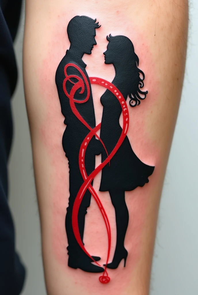 Red thread couple tattoo with the word Loyalty embedded