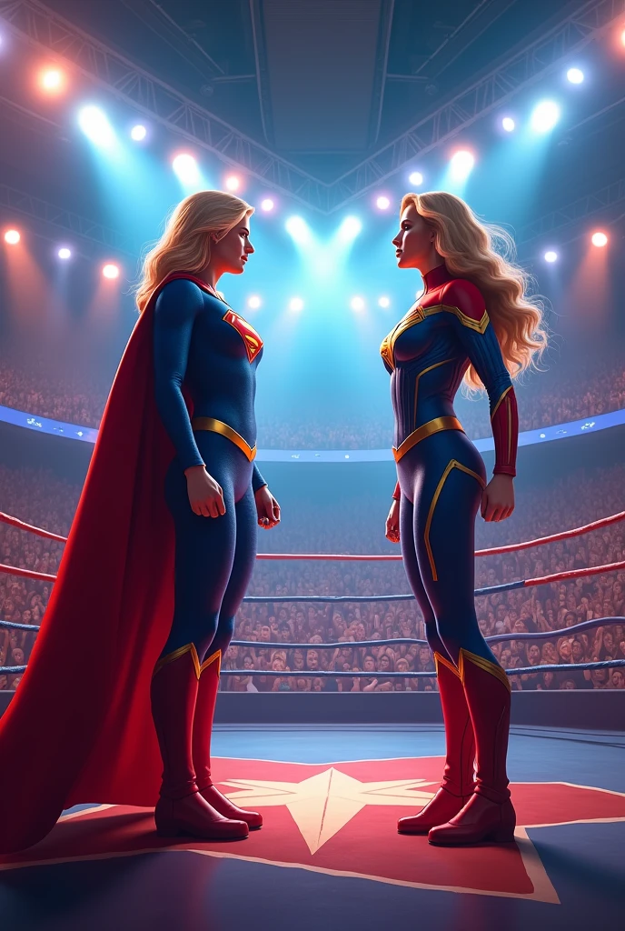 The Grand Arena
Prompt: "A grand boxing arena packed with excited fans. In the center, Supergirl and Captain Marvel stand in the ring, ready to fight. Supergirl is in her blue and red suit with an 'S' emblem, while Captain Marvel is in her red, blue, and gold costume. The arena is brightly lit with colorful lights, and the crowd's anticipation is palpable."