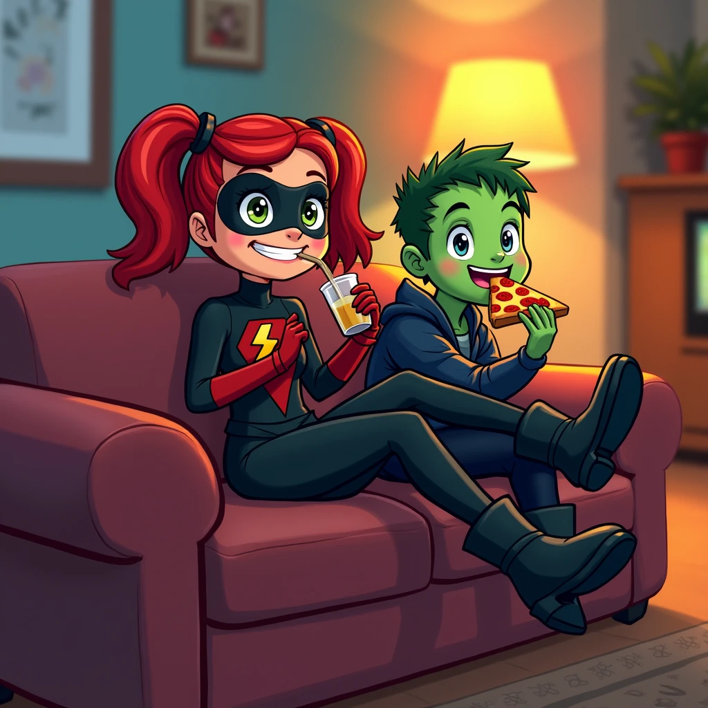 Two friends sit comfortably on a sofa, sharing pizza and watching their favorite TV show. One is a superheroine wearing a stylish black leotard, red lightning bolt on her chest, red gloves, and a black mask. She has red hair styled in playful pigtails and friendly green eyes. She's relaxed, enjoying a drink with her feet up. The other companion is a small, green-skinned man, dressed in a navy blue outfit and black boots, happily enjoying a slice of pizza beside her. Living room.