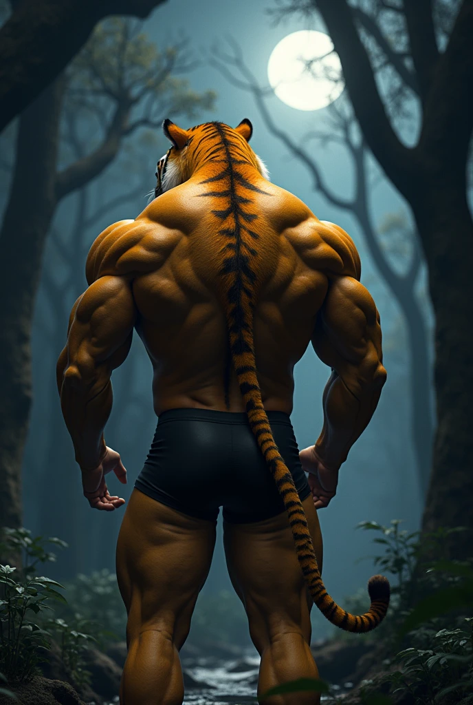 (photorealism:1.2), ((master piece)) a big butt muscular yellow tiger posing and wearing black underwear in the night forest with his back turned, Digital art