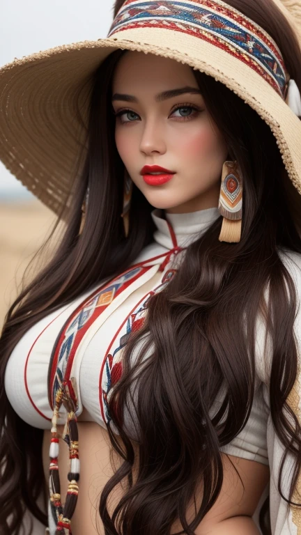 Facial perfect,the red lips,the blue eyes,body perfect, perfect big breasts, perfect muscular body, woman with perfect hair, long dark brown curly hair with very long dark brown curly hair, super long dark brown curly hair with very super long dark brown curly hair, wearing Native American Tribe Costume with Native American Hat