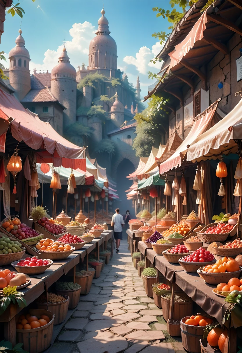 facade, Front, Open, Fruit market in a new style, Renpi, big environment, No people, one place, anime, landscape, Horizontal view