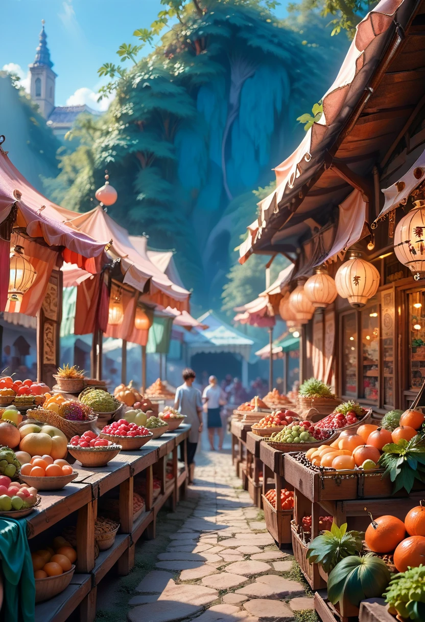 facade, Front, Open, Fruit market in a new style, Renpi, big environment, No people, one place, anime, landscape, Horizontal view