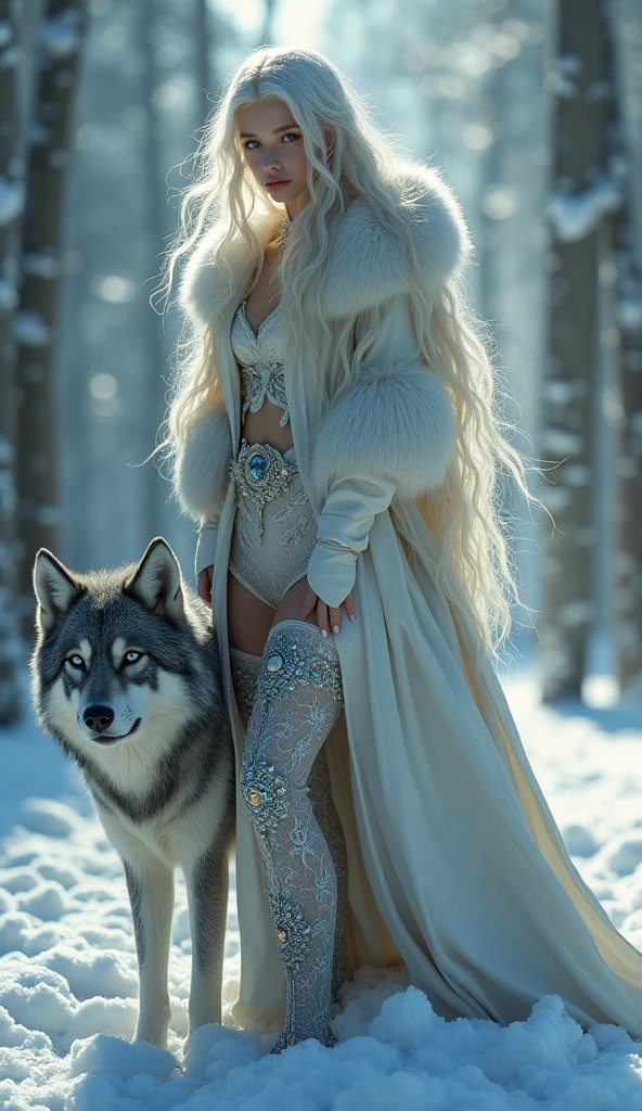 "Enchanting, ethereal portrait of a captivating winter sorceress amidst a snow-shrouded, woodland realm. The subject's striking, porcelain features are framed by a cascade of shimmering, platinum-blonde hair that flows elegantly in the icy breeze. Her piercing, frosty gaze conveys a sense of otherworldly, mystical power.
The figure's imposing, fur-trimmed cloak and ornate, jewel-encrusted leggings lend an air of regal, arctic elegance to her presence, while the towering, snow-laden trees and spectral, black wolf companion at her side create an atmosphere of primal, preternatural wonder. The overall composition and use of light and shadow craft a visually arresting, cinematic ambiance that evokes the awe-inspiring, untamed essence of the natural world.
This image seamlessly blends elements of high fantasy, romantic mysticism, and the untamed, primeval spirit of the wilderness, reflecting the bold, boundary-pushing styles of renowned digital artists like Greg Rutkowski, Brom, and Alphonse Mucha. The meticulous attention to detail, the masterful use of color and contrast, and the overall sense of enigmatic, magnetic presence make this a truly captivating and visually arresting work."