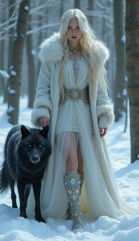 "Enchanting, ethereal portrait of a captivating winter sorceress amidst a snow-shrouded, woodland realm. The subject's striking, porcelain features are framed by a cascade of shimmering, platinum-blonde hair that flows elegantly in the icy breeze. Her piercing, frosty gaze conveys a sense of otherworldly, mystical power.

The figure's imposing, fur-trimmed cloak and ornate, jewel-encrusted leggings lend an air of regal, arctic elegance to her presence, while the towering, snow-laden trees and spectral, black wolf companion at her side create an atmosphere of primal, preternatural wonder. The overall composition and use of light and shadow craft a visually arresting, cinematic ambiance that evokes the awe-inspiring, untamed essence of the natural world.

This image seamlessly blends elements of high fantasy, romantic mysticism, and the untamed, primeval spirit of the wilderness, reflecting the bold, boundary-pushing styles of renowned digital artists like Greg Rutkowski, Brom, and Alphonse Mucha. The meticulous attention to detail, the masterful use of color and contrast, and the overall sense of enigmatic, magnetic presence make this a truly captivating and visually arresting work."