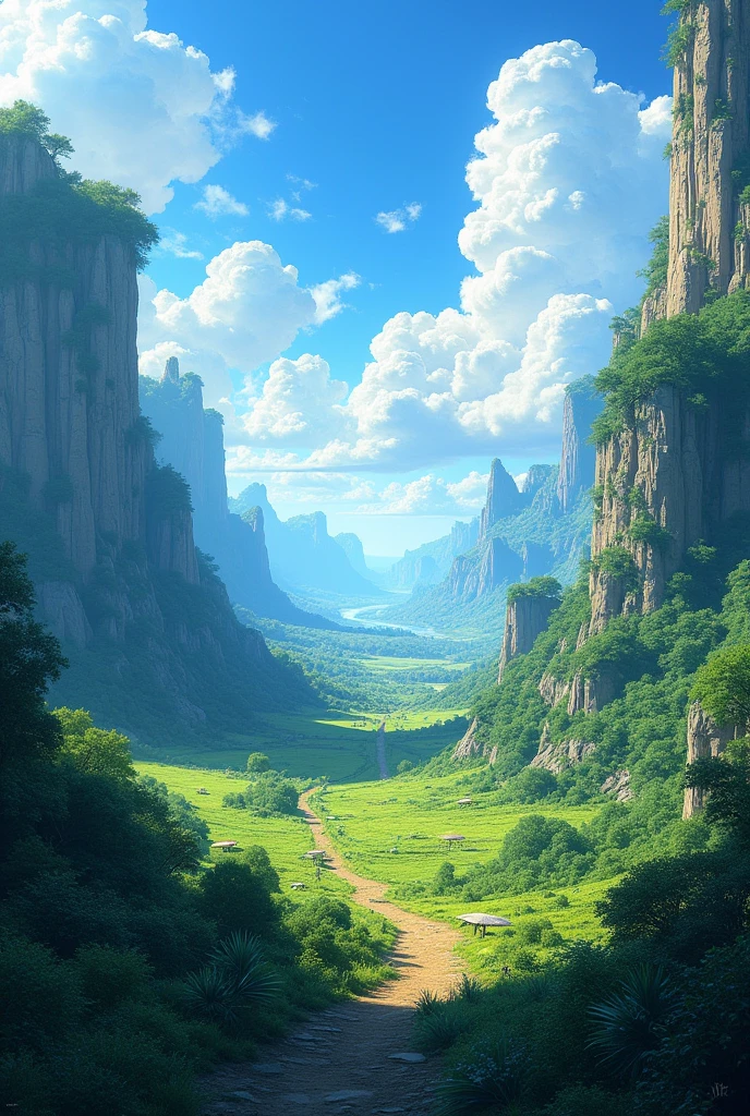 detailed fantasy landscape, mystical RPG world, sweeping savanna scenery, lush vegetation, vibrant blue sky, dramatic lighting, volumetric clouds, sun rays, detailed foliage, towering cliffs, ancient ruins, detailed architecture, fantasy elements, highly detailed, 8k, photorealistic, cinematic, masterpiece, beautiful colors, dramatic lighting, epic scale