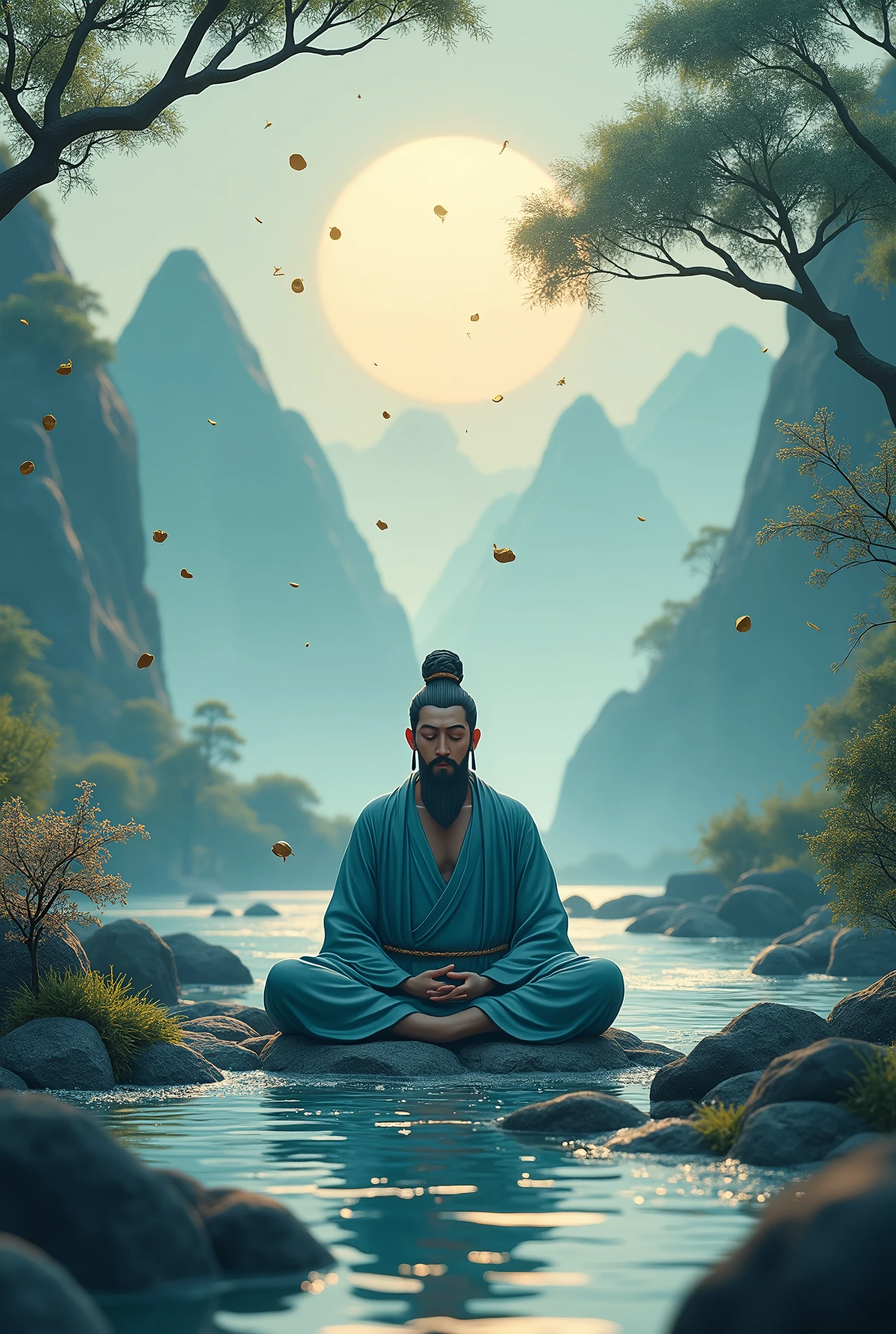 A 3D render of a captivating illustration with high contrast. At the center, a serene figure of Lao Tzu in meditation is surrounded by subtle Taoist symbols like the yin and yang. In the background, a purified natural landscape, such as a mountain or a calm river, is visible. At the top, a bold and contrasted text says "L'Art de Ne Pas Essayer" with elegant typography. At the bottom, a discreet but visible mention says "La Sagesse de Lao Tzu". The image uses calming colors like blue and green, with gold accents to draw attention.