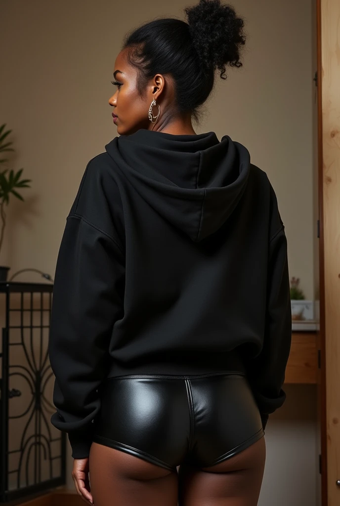 black woman hair in a bun black hoodie black leather short shorts being fucked in the ass by a old grandma in a dress