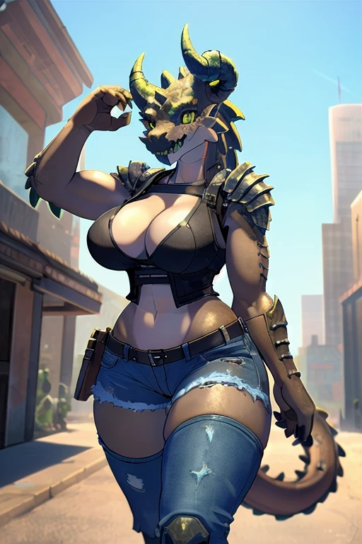 ((4k)), (best body), (sexy women), Solo, score_9,score_8_up,score_7_up, kemono style, Anthro deathclaw from fallout, Anthro reptile girl, snout, green scaled skin, gold eyes, black lips, black horns, black ram horns, athletic body, smiling, walking in a ruined city, holding a rusty gun, wearing bodyarmor, bulletproof vest, blue jean shorts and a blue tank top, sfw, intimidating woman, monstergirl, commission for high res, female dragonborn, well designed female dragon head, anthro lizard, female fursona,  (diamond pupils), (large eyes) 