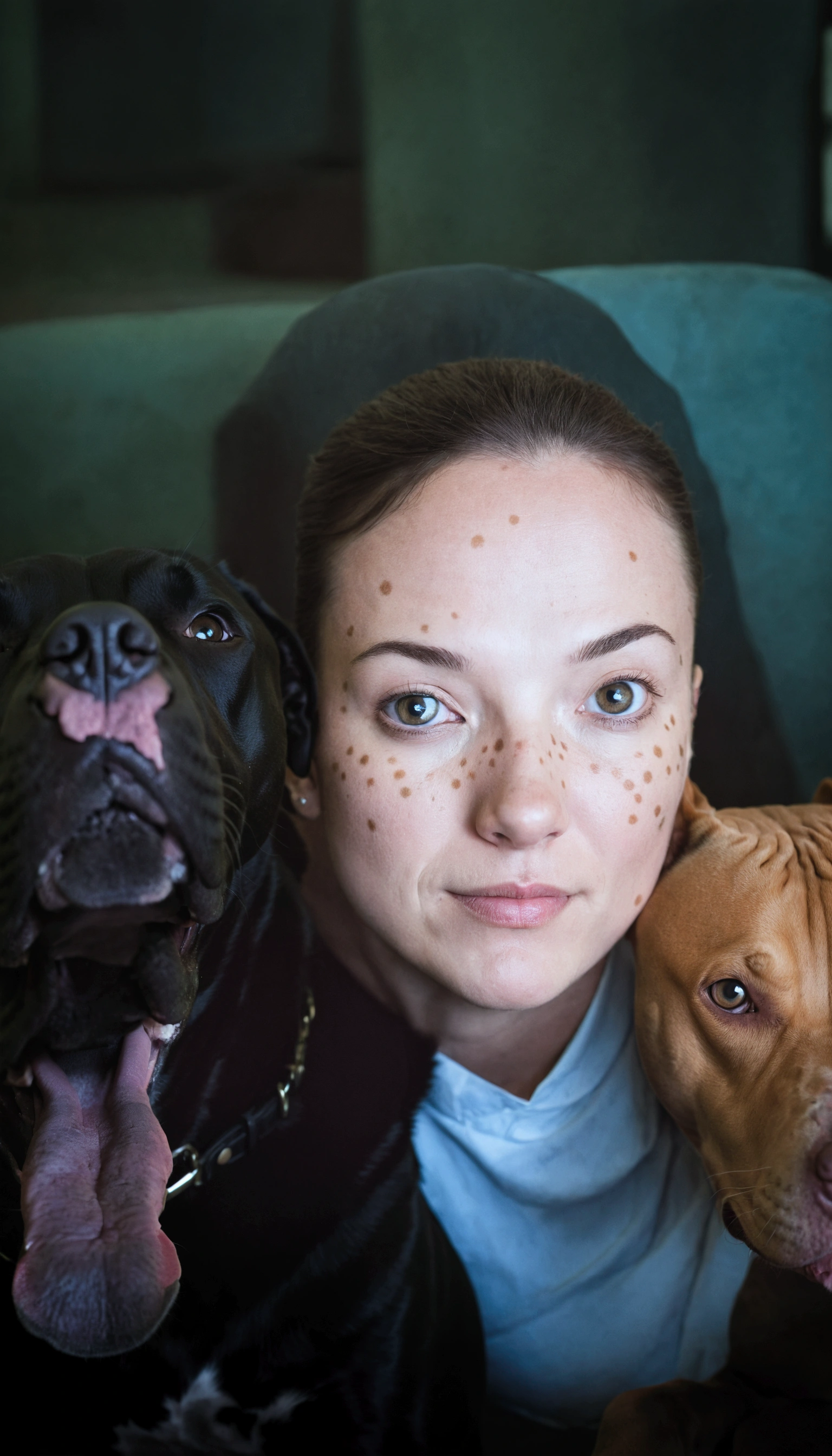 2 dogs, a black labrador and a pitbull with spots