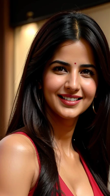 Katrina Kaif wearing western style clothes with lipstick and smiling