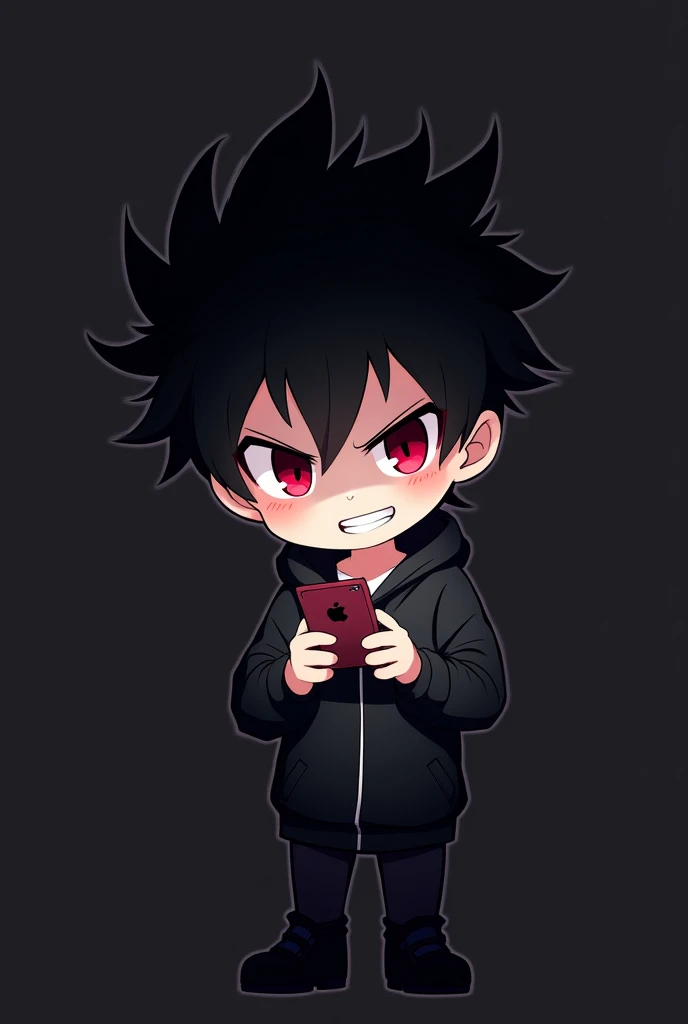 Blank black background , Anime boy involved , Spiky hair , black hair , black hoodie , red eyes , narrowed eye , smirk , chibi , plays phone