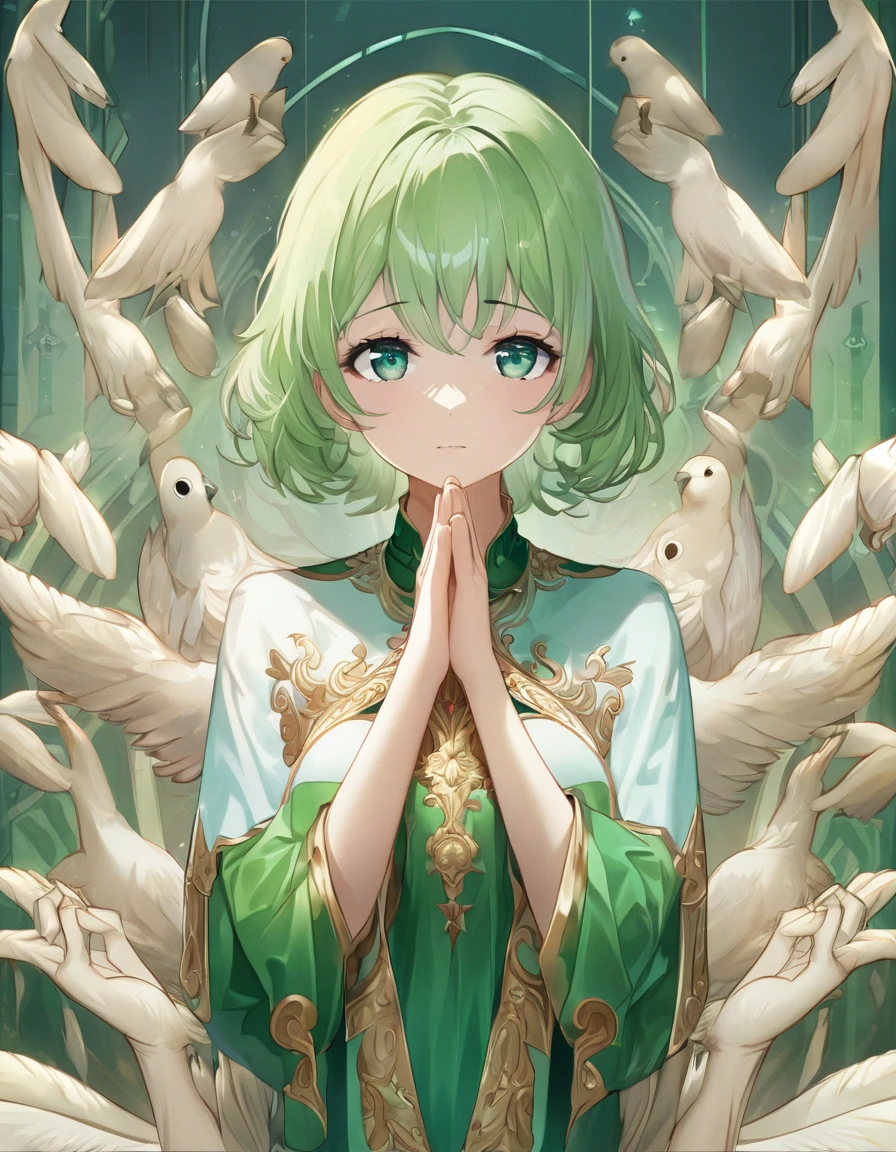 Highest quality、masterpiece、Very detailed、Finely detailed、High resolution、8k wallpaper、Fine and beautiful eyes、A  girl with green hair、Exact number of fingers、Pose with hands folded in front of chest、Hands folded in front of chest、Praying pose or expectant expression。Bird&#39;s-eye view