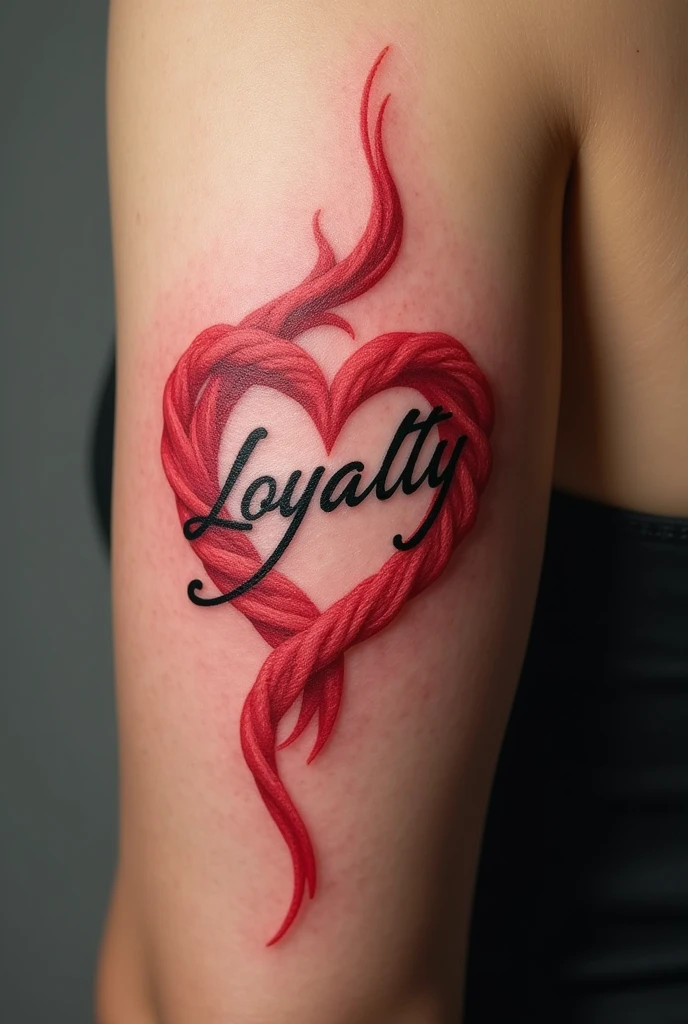 Red thread tattoo with the word Loyalty embedded