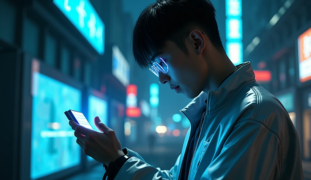 close-up shot, Asian male character stands in front of a square hologram logo with the words "UrBox", character reaches for the device on his wrist, trying to connect. Outfit: Silver jacket, wae glass, strong gestures. Setting: Small alley between cyberpunk buildings. Lighting: Dark colors, faint blue lights from billboards. Effects: LED strips on the device gradually glow. Special: The scene evokes a sense of suspense and anticipation.