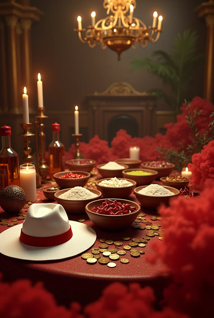 Luxury cabaret, with lots of details, full of gold and in the middle several macumba works, umbanda, clay bowl, clay bowls with flour, chili pepper, red roses , dados, gold-coins, white and red candles lit and melted, bottles of whiskey and bottles of beer, red smoke at the bottom of the image, a white Panama hat with a red band, without any person, cabaret, African matrix, umbanda, money,